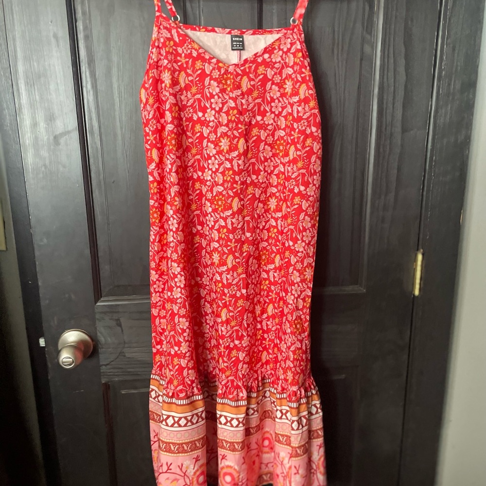 SHEIN Red Floral Maxi Dress with Yellow Accents